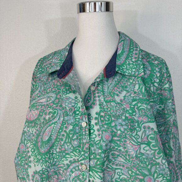 Charter Club Shirt Womens 24W Button Up Top Blouse Roll Sleeves Green Pink NWT - Picture 2 of 16